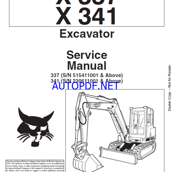 Bobcat 341 Excavator Service Manual (6900380) (SN 230611001-230699999)