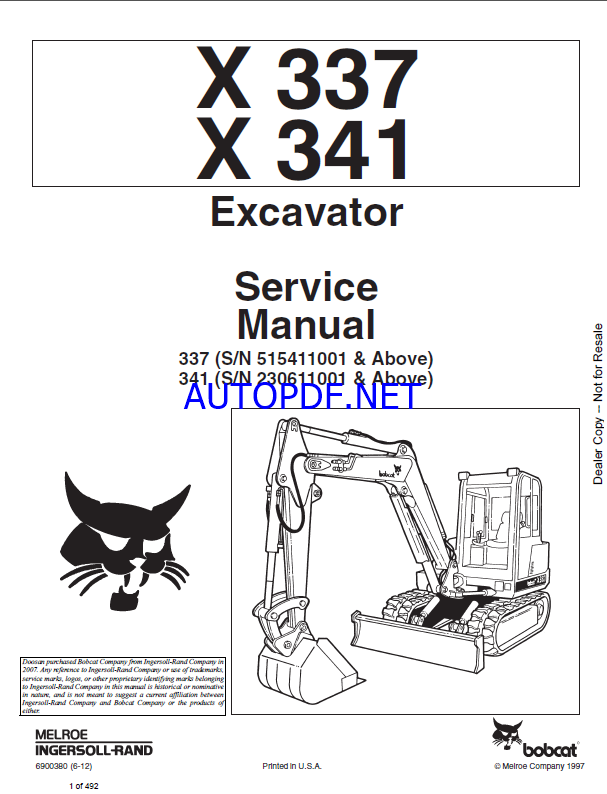 Bobcat 341 Excavator Service Manual (6900380) (SN 230611001-230699999)