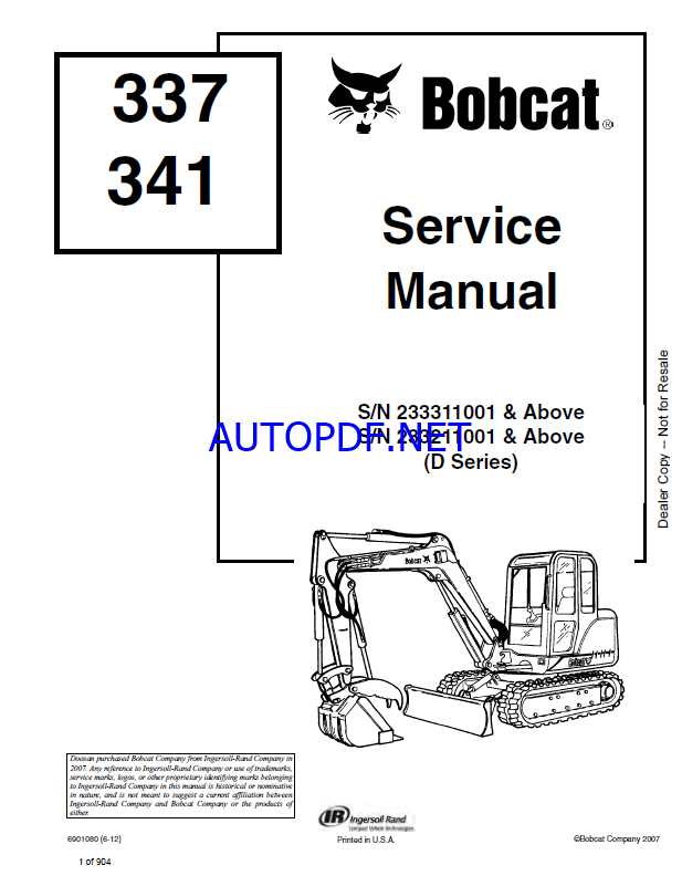 Bobcat 341 Excavator Service Manual (6901080) (SN 233211001-233299999)