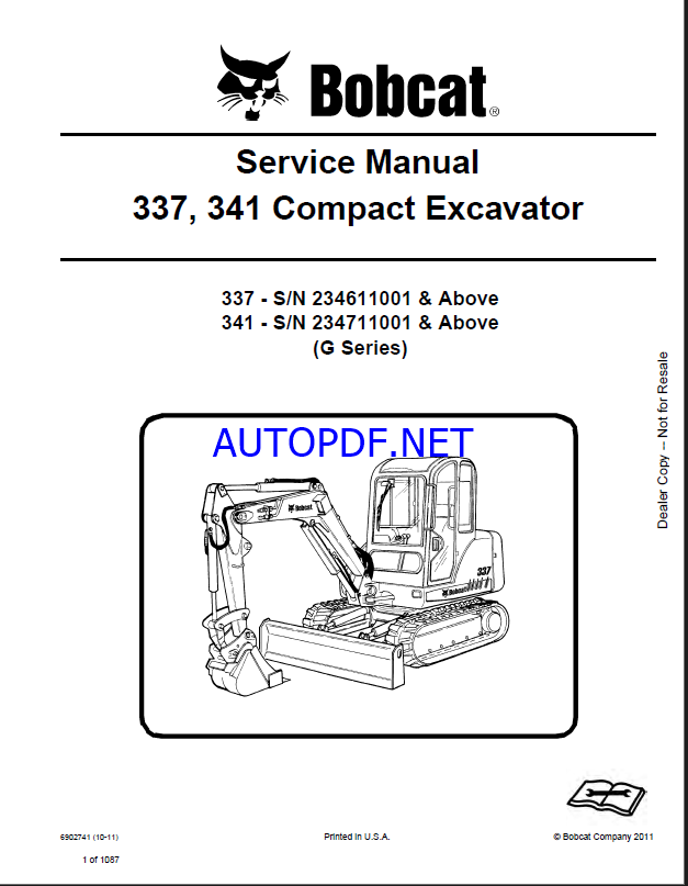 Bobcat 341 Excavator Service Manual (6902741) (SN 234711001-234799999)
