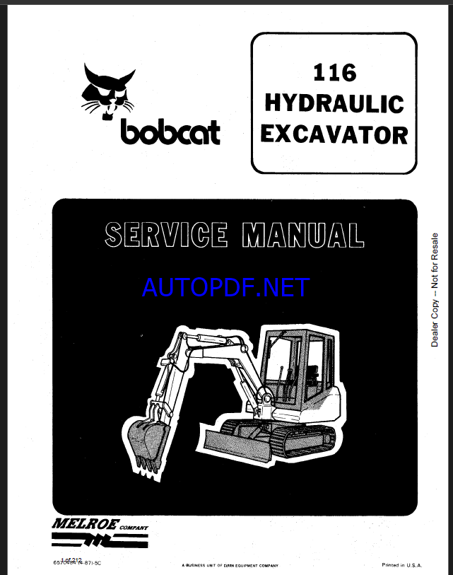 Bobcat 116 Excavator Service Manual (6570484) (SN 505012001-505099999)