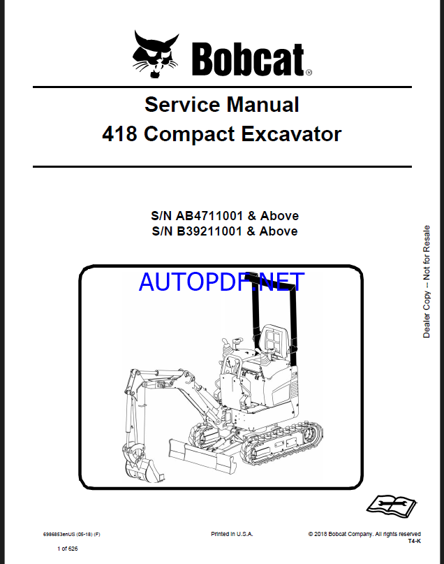 Bobcat 418 Excavator Service Manual (6986853) (SN B39211000-B39299999)
