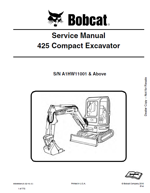 Bobcat 425 Excavator Service Manual (6904866) (SN A1HW11001-A1HW99999) (enUS)