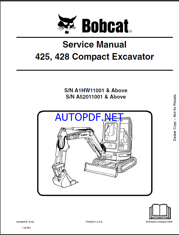 Bobcat 428 Excavator Service Manual (6904866) (SN A1HW11001-A1HW99999)