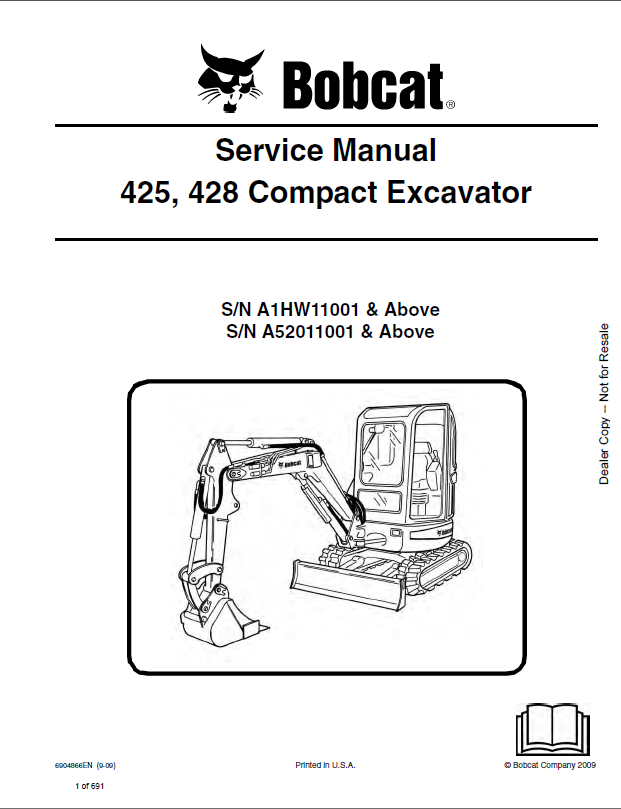 Bobcat 428 Excavator Service Manual (6904866) (SN A52011001-A52099999)