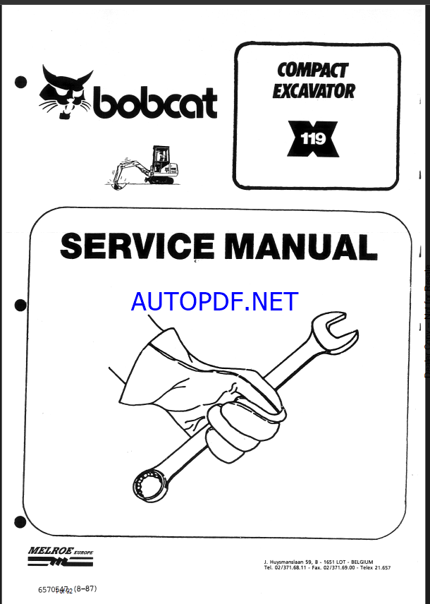 Bobcat 119 Excavator Service Manual (6570547) (SN 505411001-505499999)