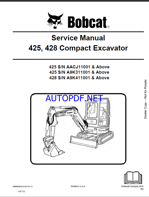 Bobcat 428 Excavator Service Manual (6986952) (SN A9K411001-A9K499999)