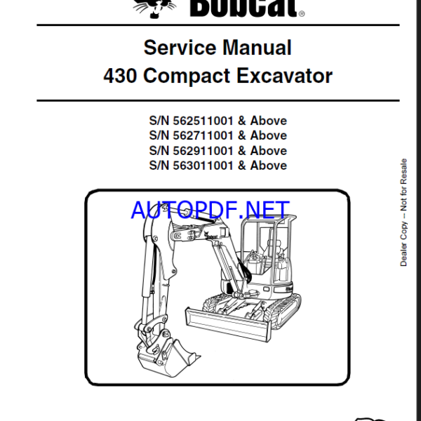 Bobcat 430 Excavator Service Manual (6902318) (SN 562511001-562599999)