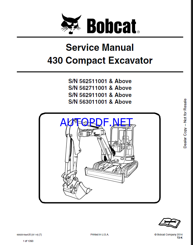 Bobcat 430 Excavator Service Manual (6902318) (SN 562511001-562599999)