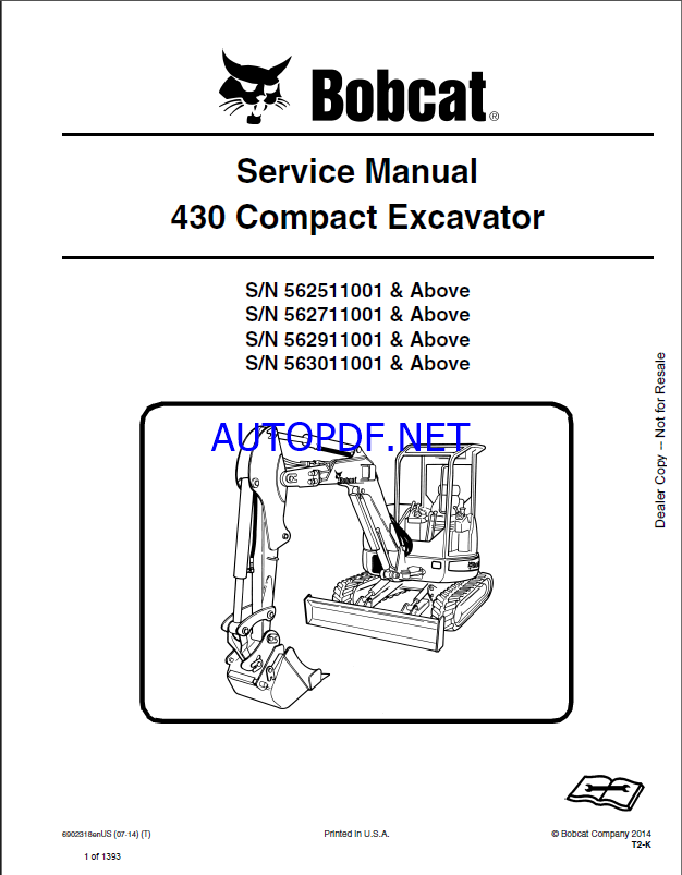Bobcat 430 Excavator Service Manual (6902318) (SN 562711001-562799999)