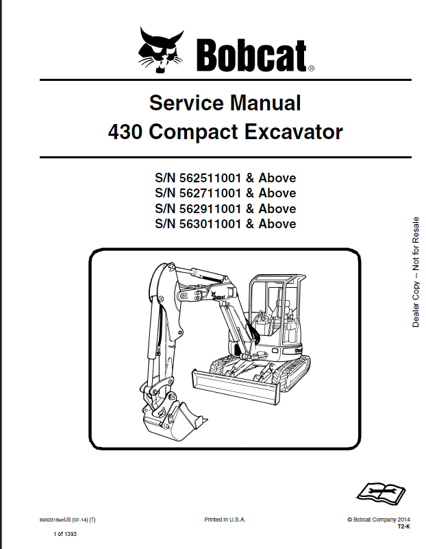 Bobcat 430 Excavator Service Manual (6902318) (SN 563011001-563099999)
