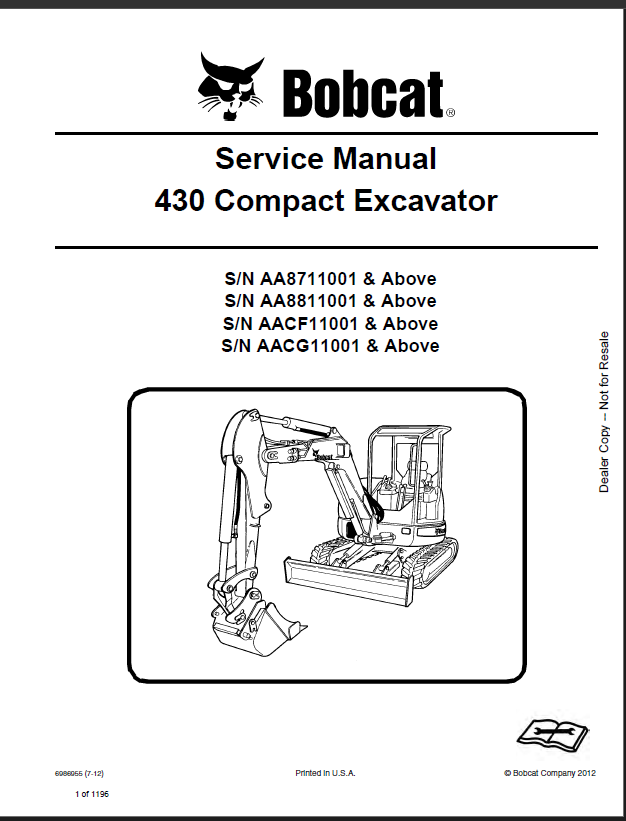 Bobcat 430 Excavator Service Manual (6986955) (SN AA8711001-AA8799999)