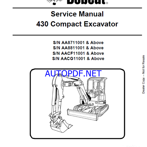 Bobcat 430 Excavator Service Manual (6986955) (SN AA8811001-AA8899999)