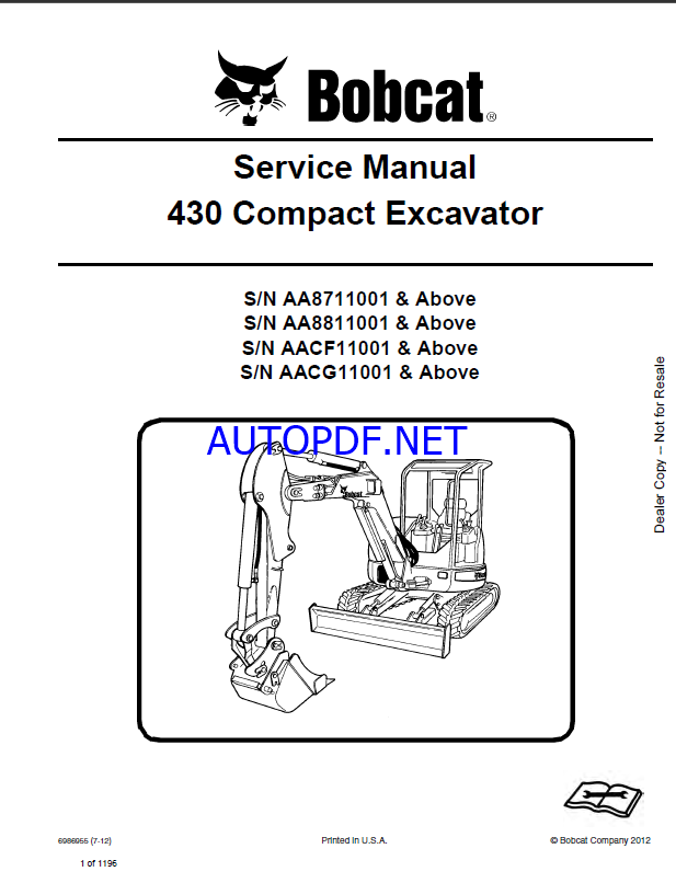 Bobcat 430 Excavator Service Manual (6986955) (SN AA8811001-AA8899999)