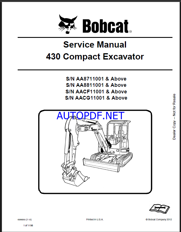 Bobcat 430 Excavator Service Manual (6986955) (SN AACF11001-AACF99999)