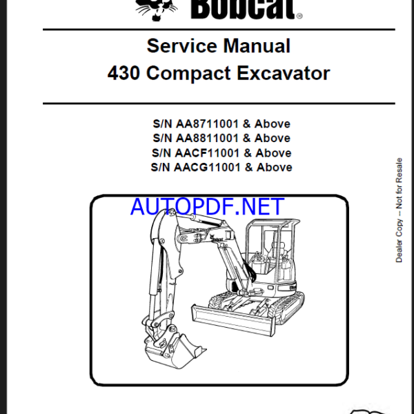 Bobcat 430 Excavator Service Manual (6986955) (SN AACG11001-AACG99999)