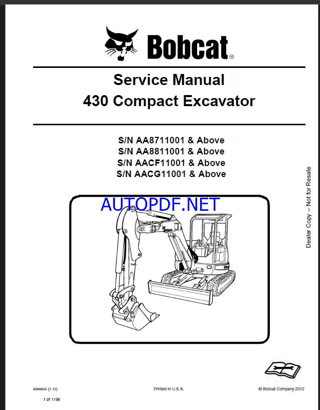 Bobcat 430 Excavator Service Manual (6986955) (SN AACG11001-AACG99999)