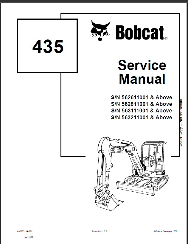 Bobcat 435 Excavator Service Manual (6902331) (SN 562611001-562699999)