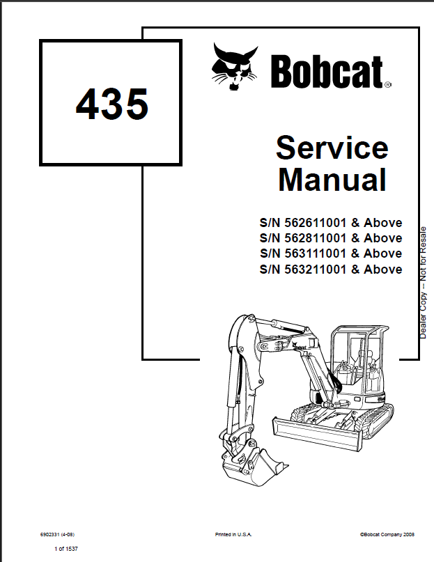 Bobcat 435 Excavator Service Manual (6902331) (SN 562811001-562899999)