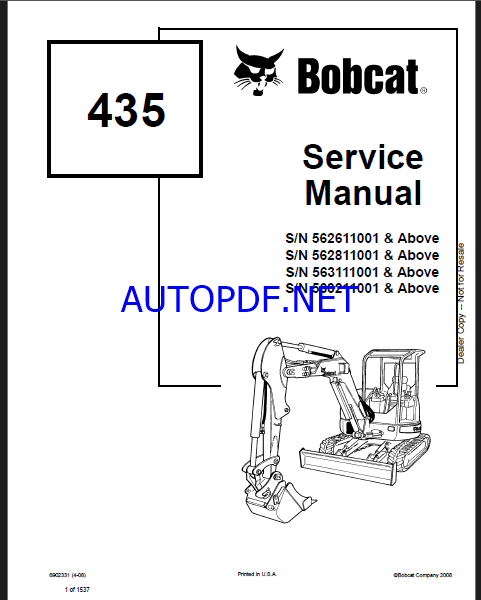 Bobcat 435 Excavator Service Manual (6902331) (SN 563111001-563199999)