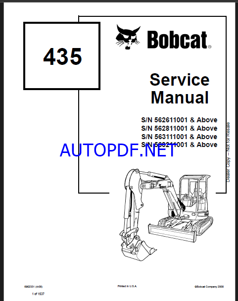 Bobcat 435 Excavator Service Manual (6902331) (SN 563111001-563199999)