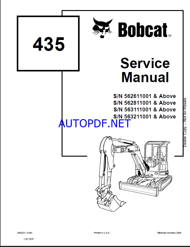 Bobcat 435 Excavator Service Manual (6902331) (SN 563211001-563299999)