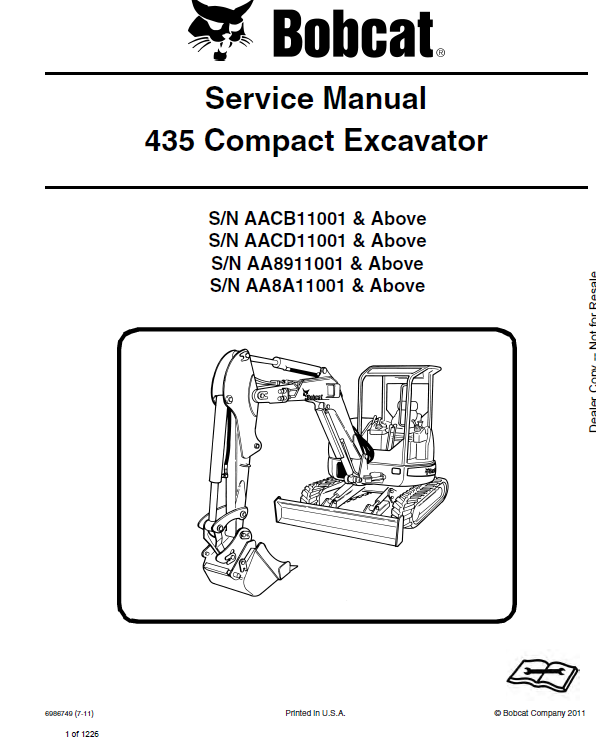 Bobcat 435 Excavator Service Manual (6986749) (SN AA8A11001-AA8A99999)