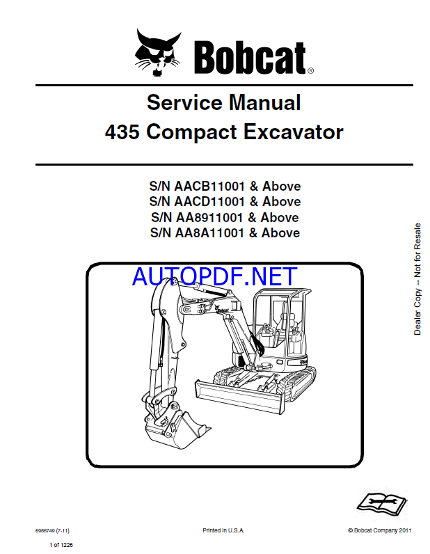 Bobcat 435 Excavator Service Manual (6986749) (SN AA8911001-AA8999999)