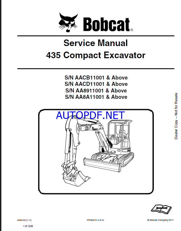 Bobcat 435 Excavator Service Manual (6986749) (SN AACB11001-AACB99999)