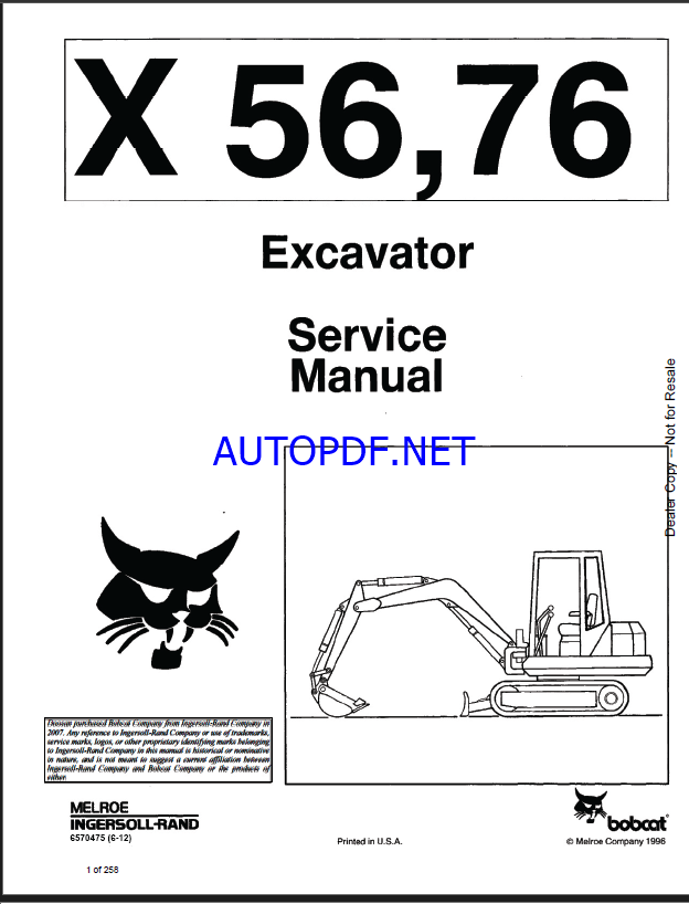 Bobcat 56 Excavator Service Manual (6570475) (SN 504711001-504711999)