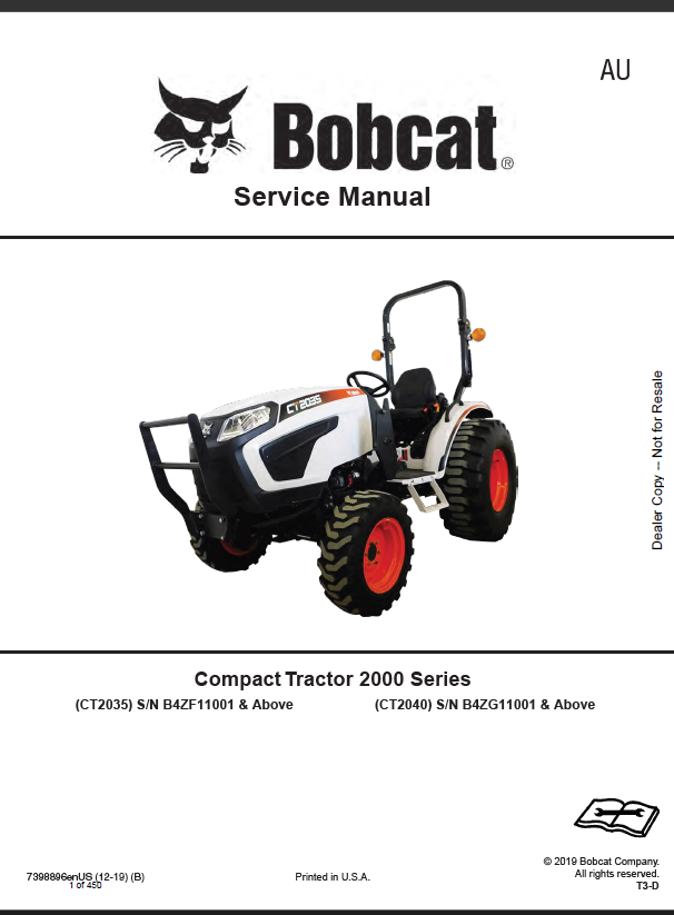 Bobcat CT2040 Compact Tractor Service Manual (7398896) (SN B4ZG11001-B4ZG99999)