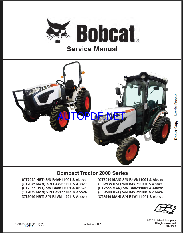 Bobcat CT2040 Compact Tractor Service Manual (7371865) (SN B4VM11001-B4VM99999)