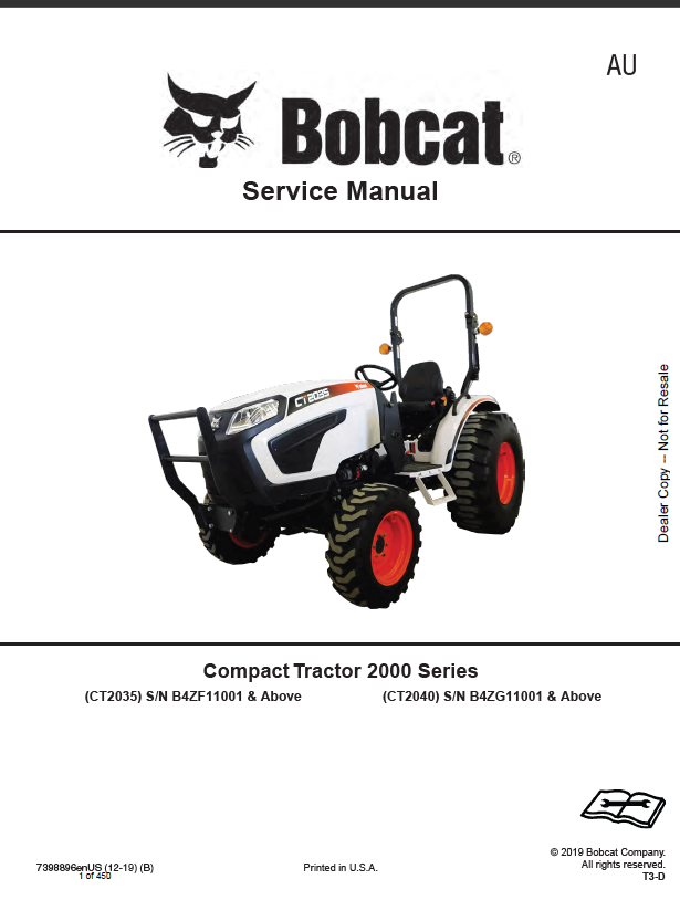 Bobcat CT2035 Compact Tractor Service Manual (7398896) (SN B4ZF11001-B4ZF99999)