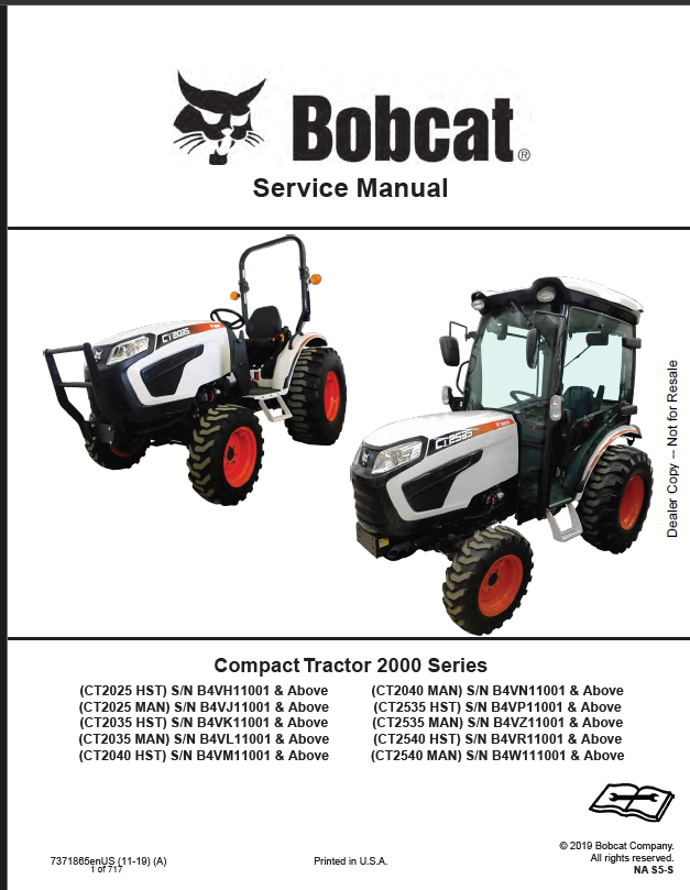 Bobcat CT2035 Compact Tractor Service Manual (7371865) (SN B4VL11001-B4VL99999)