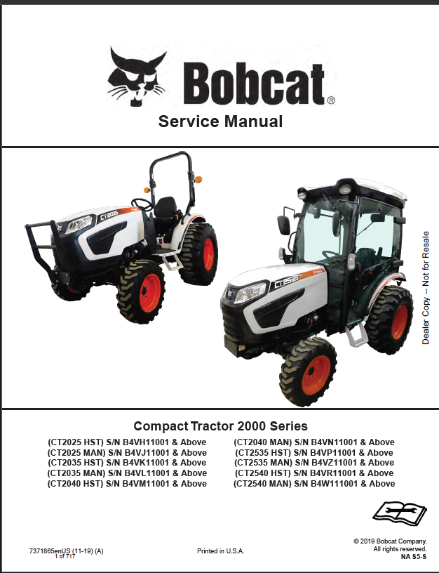 Bobcat CT2035 Compact Tractor Service Manual (7371865) (SN B4VK11001-B4VK99999)