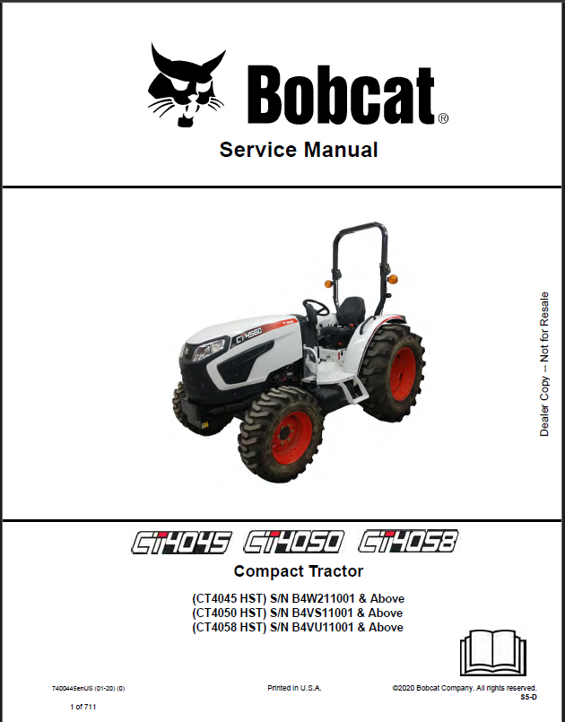 Bobcat CT4058 Compact Tractor Service Manual (7400445) (SN B4VU11001-B4VU99999)
