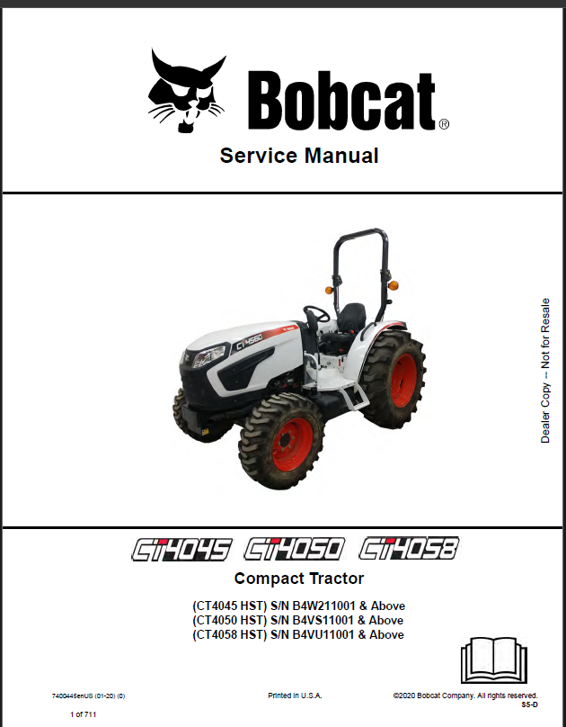 Bobcat CT4050 Compact Tractor Service Manual (7400445) (SN B4VS11001-B4VS99999)