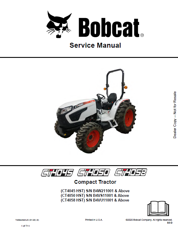 Bobcat CT4045 Compact Tractor Service Manual (7400445) (SN B4W211001-B4W299999)