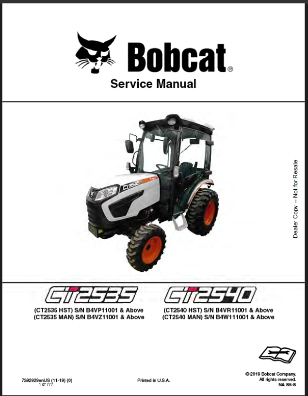 Bobcat CT2540 Compact Tractor Service Manual (7392929) (SN B4VR11001-B4VR99999)