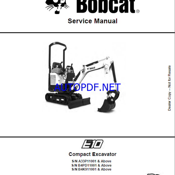 Bobcat E10 Excavator Service Manual (6986788) (SN B4PD11001-B4PD99999)