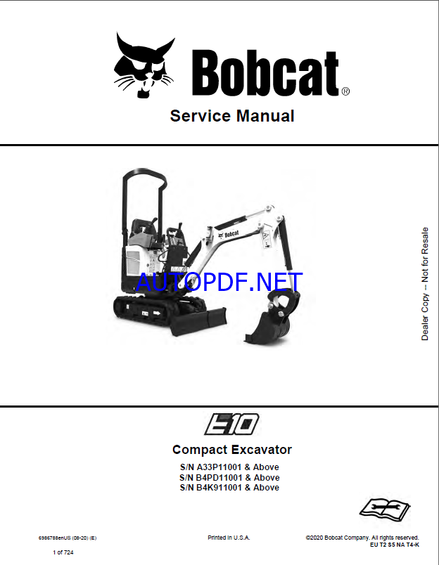 Bobcat E10 Excavator Service Manual (6986788) (SN B4PD11001-B4PD99999)