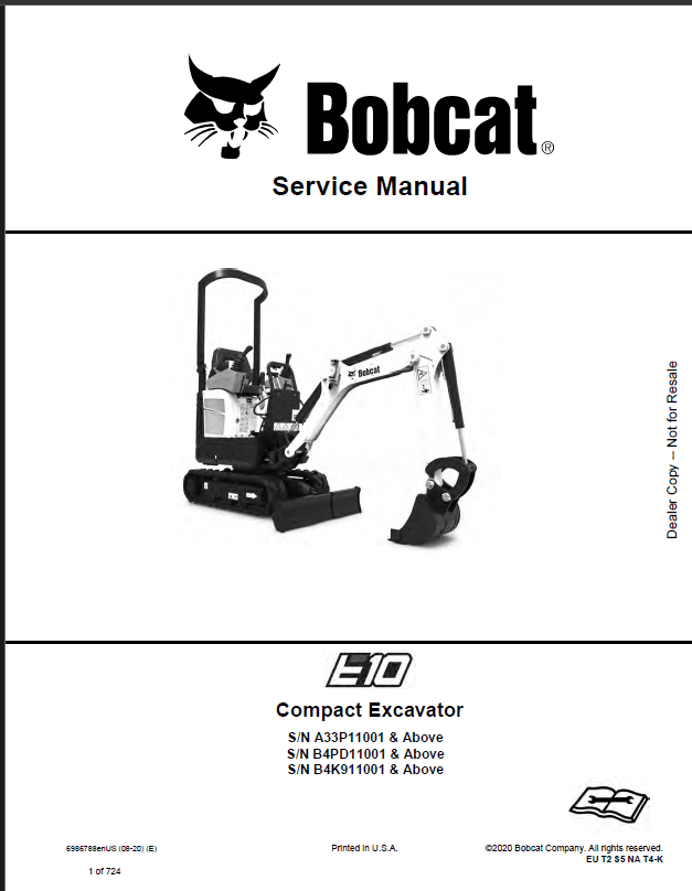 Bobcat E10 Excavator Service Manual (6986788) (SN B4K911001-B4K999999)