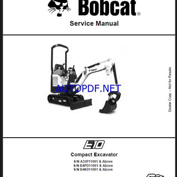 Bobcat E10 Excavator Service Manual (6986788) (SN A33P11001-A33P99999)