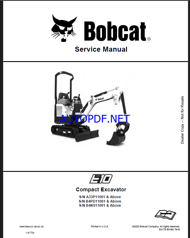 Bobcat E10 Excavator Service Manual (6986788) (SN A33P11001-A33P99999)
