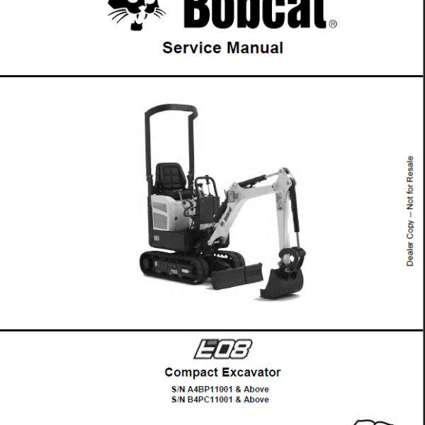 Bobcat E08 Excavator Service Manual (6986785) (SN B4PC11001-B4PC99999)