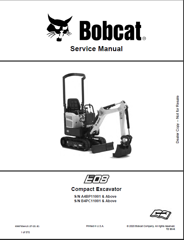 Bobcat E08 Excavator Service Manual (6986785) (SN B4PC11001-B4PC99999)