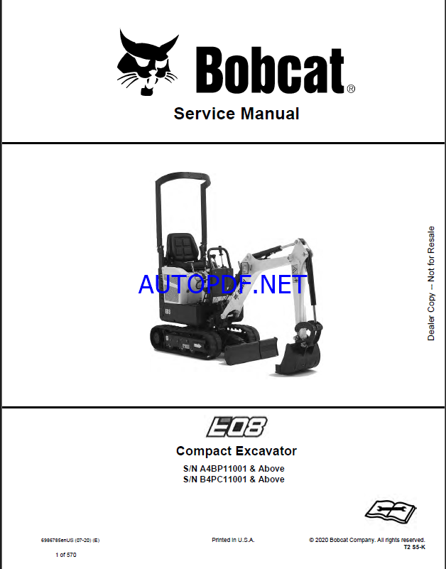 Bobcat E08 Excavator Service Manual (6986785) (SN A4BP11001-A4BP99999)