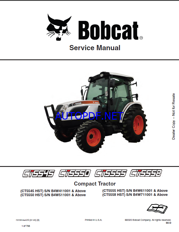 Bobcat CT5558 Compact Tractor Service Manual (7372814) (SN B4W711001-B4W799999)