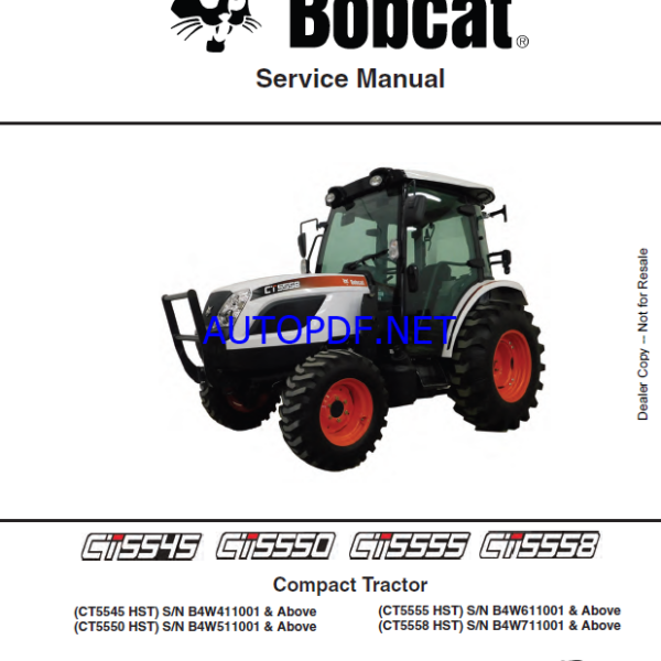 Bobcat CT5555 Compact Tractor Service Manual (7372814) (SN B4W611001-B4W699999)