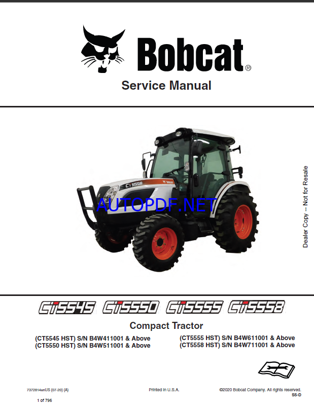 Bobcat CT5555 Compact Tractor Service Manual (7372814) (SN B4W611001-B4W699999)